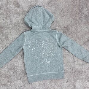 XS PINK VS Victoria’s Secret gray hooded zip up sweater BIG rhinestone heart